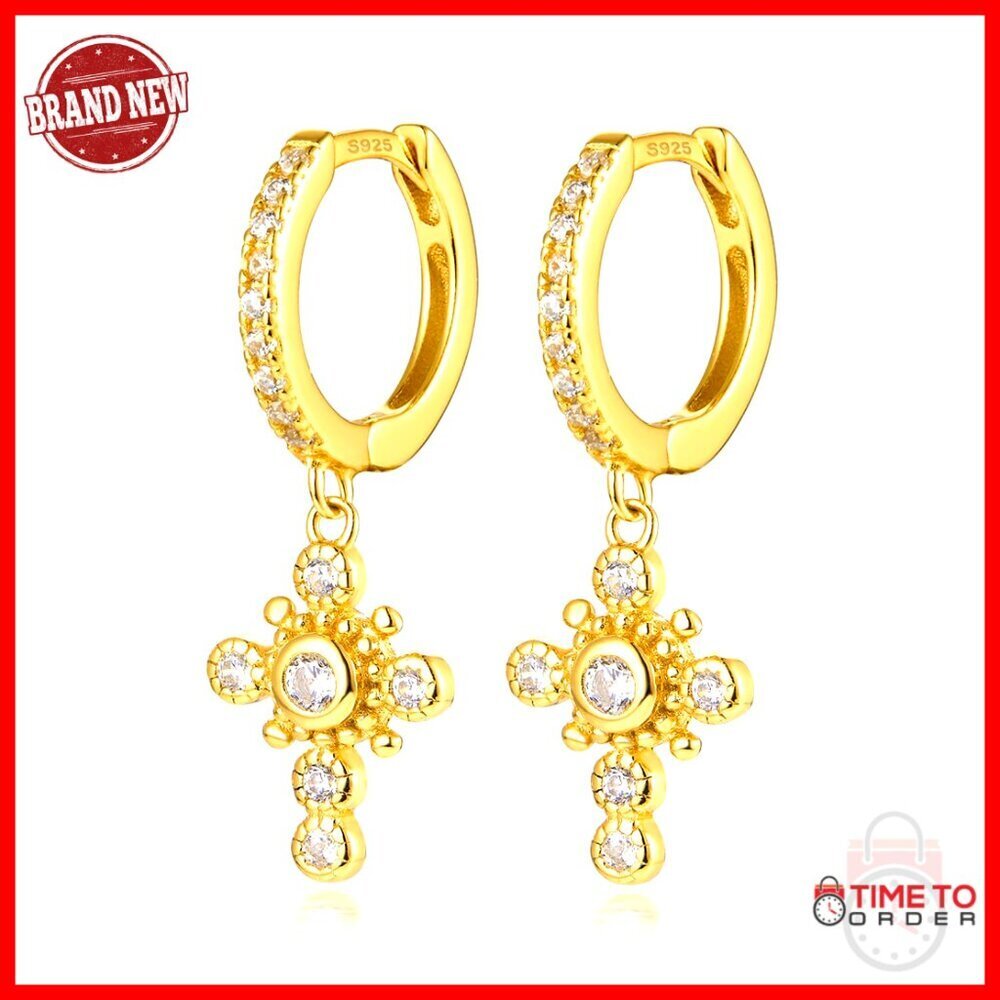 Sterling Silver Cross Dangle Earrings 14K Gold Plated Cubic Zirconia